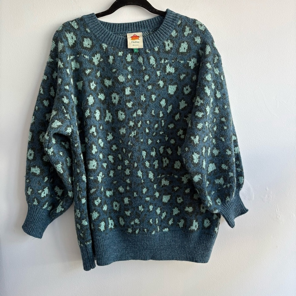 Farm Rio Green Leopard Knit Sweater Teal Blue Sz Small - Picture 2 of 11